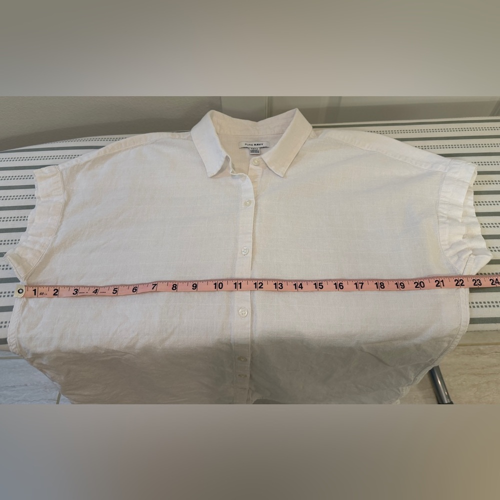 Pure Navy Brand - Casual White Button-Up Cotton Shirt with Cap Sleeves - Picture 8 of 9